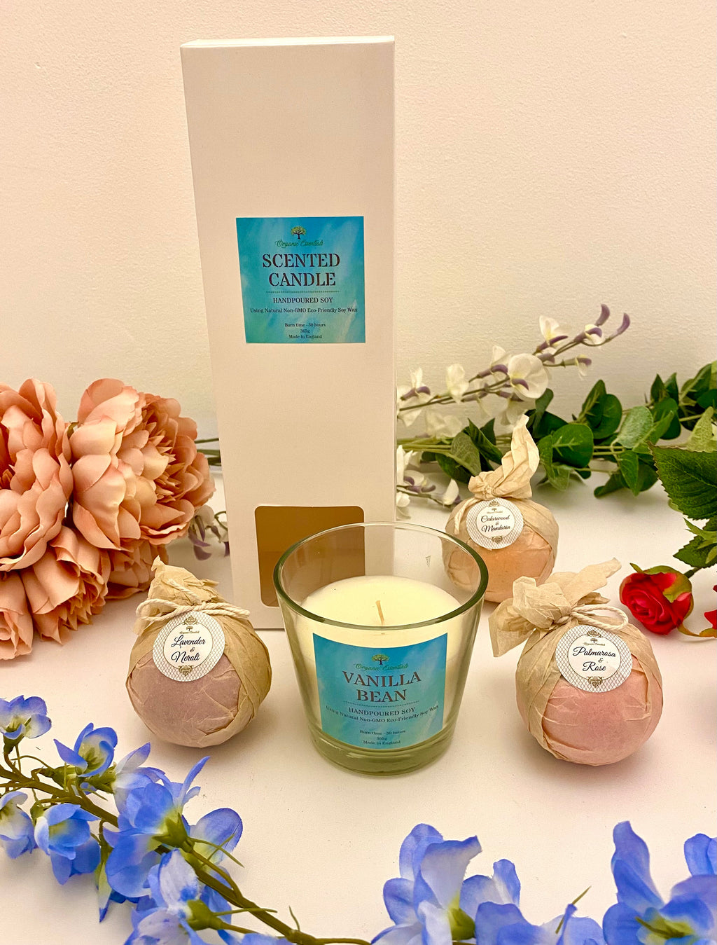 Eco-Friendly Vanilla Bean Scented Candle & Three Luxury Essential Oil Bath Bombs